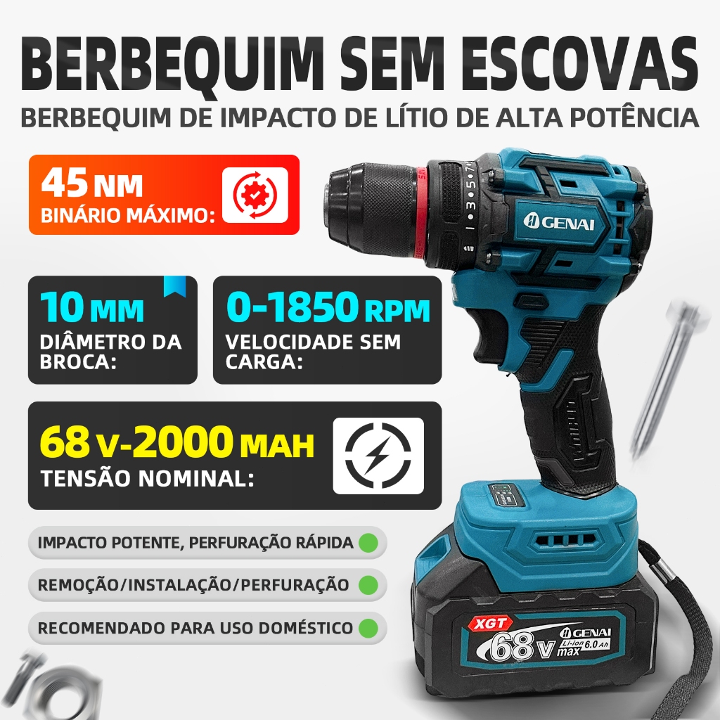 68V Kit Ferramentas 5 em 1 Parafusadeira Martelo Perfurador Chave