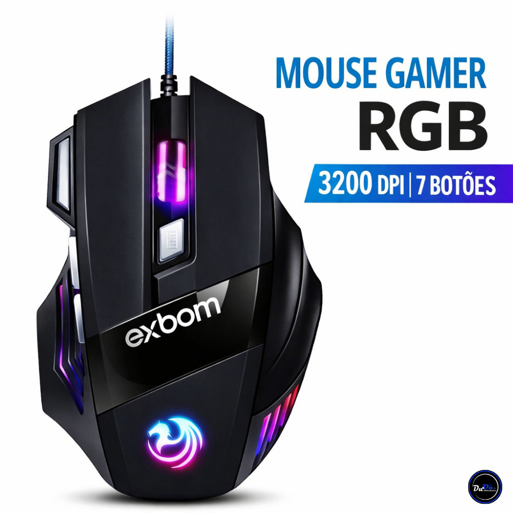 Mouse Gamer RGB 3200 DPI 7 Botões Cabo USB PC Notebook Jogo Exbom MS ...