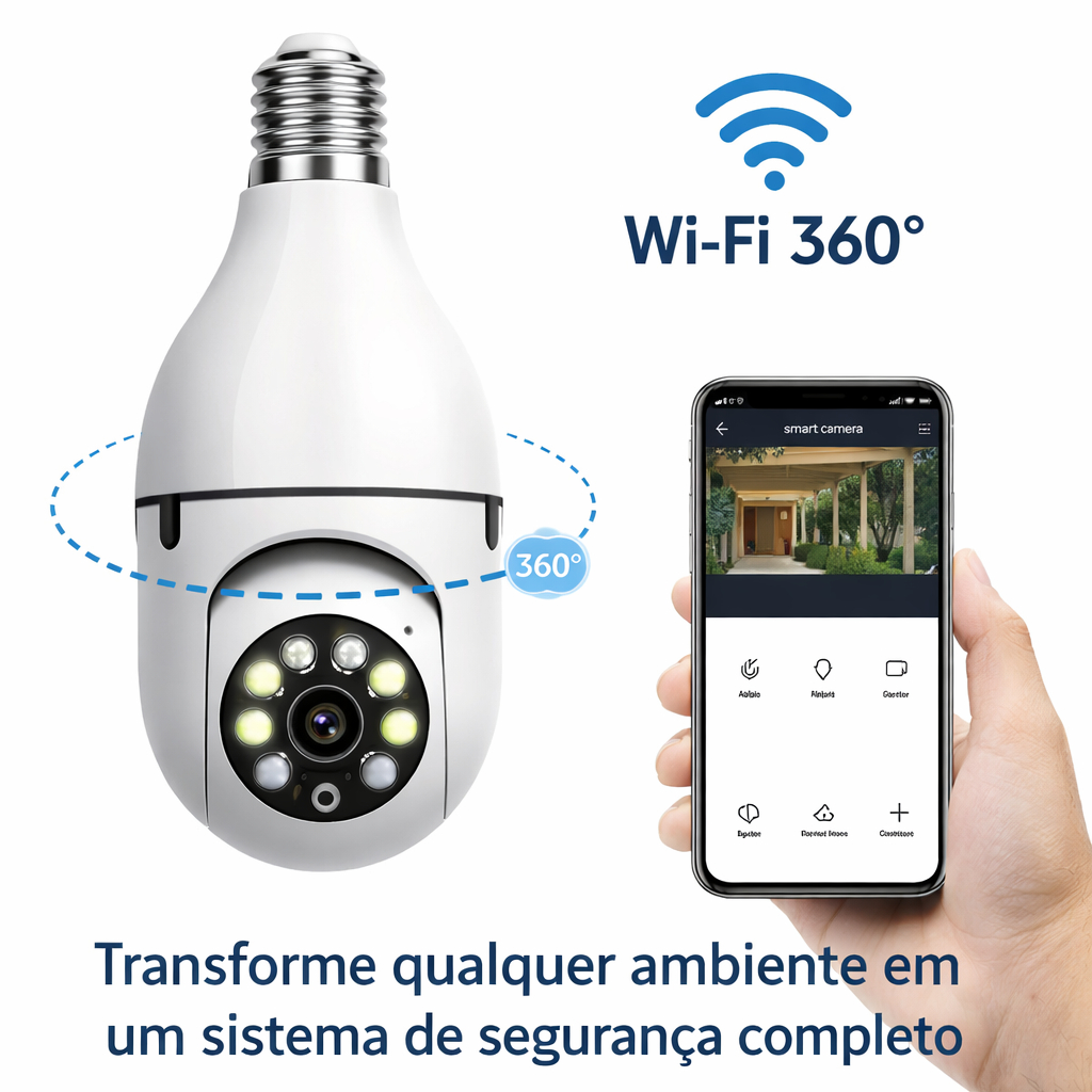 Câmera Lâmpada WiFi 360° Segurança IP Full HD Visão Noturna Colorida ...