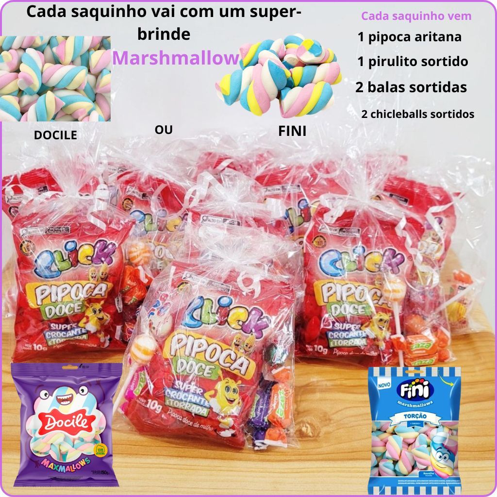 Saquinhos surpresa ,kit sacola de festa com Doces Sortidos e Pipoca ...