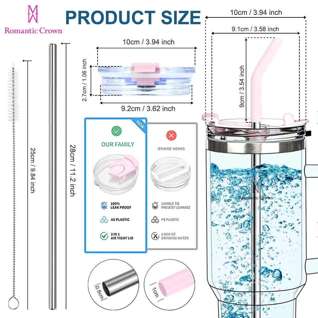 ROMANTIC CROWN Kit 2 Copo Térmico Inox Portátil 1200ml/600ml Garrafa Térmica Inoxidável com Tampa e Canudo