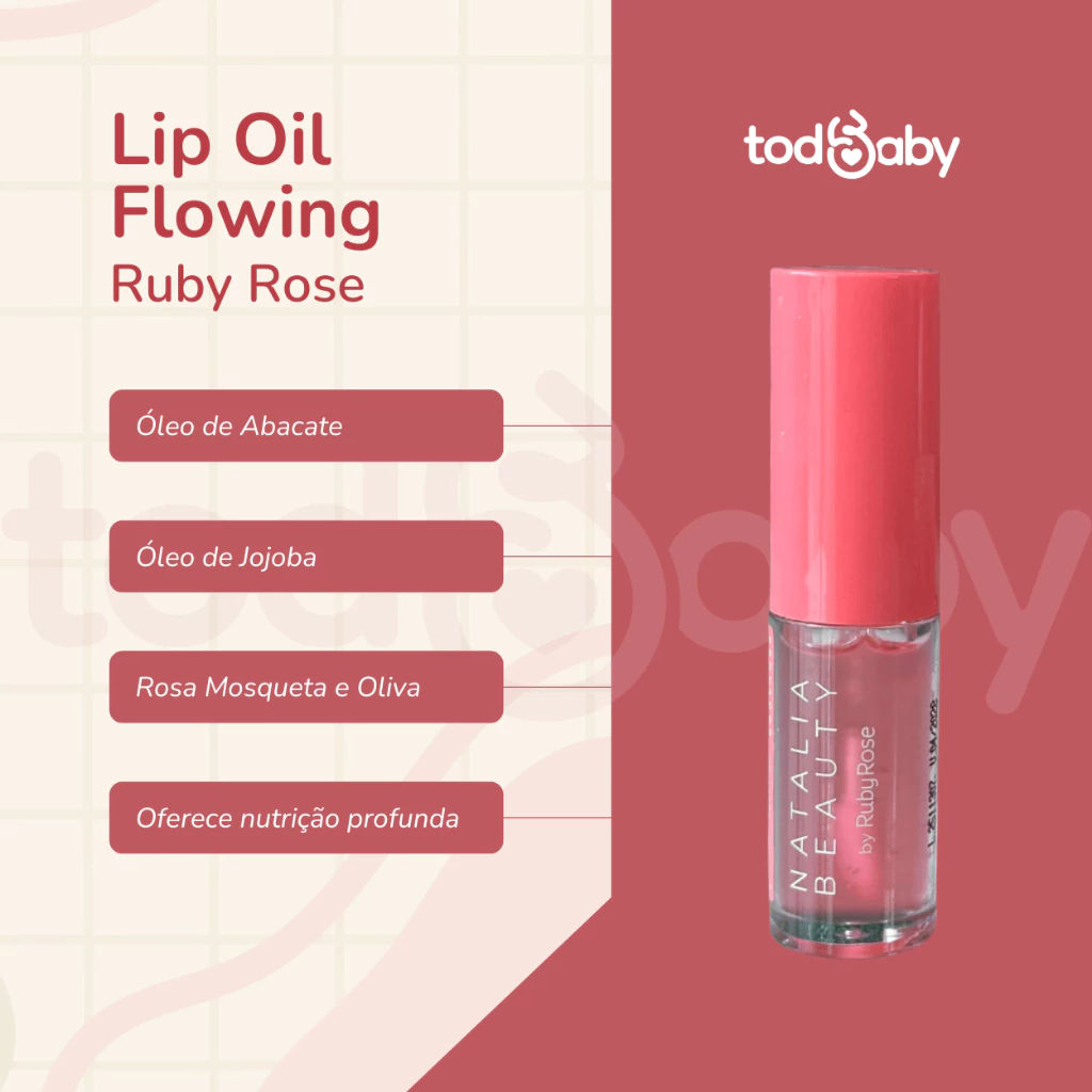 Infográfico do Lip Oil Flowing listando os óleos de abacate, jojoba, rosa mosqueta e oliva