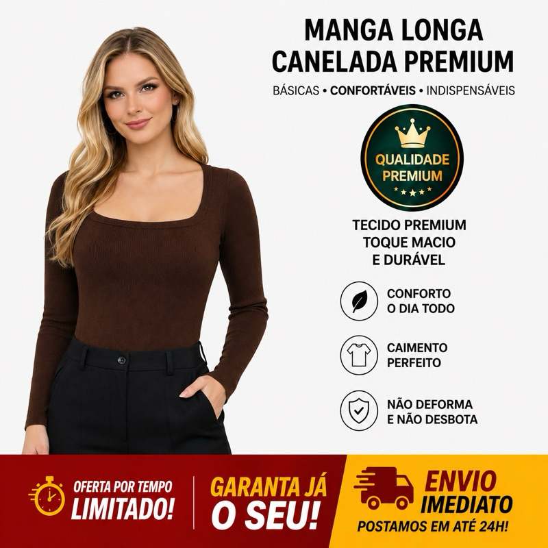 Kit 2 Blusa Feminina Decote Quadrado Manga Longa Basica Lisa Ribana Premium Tendencia Outono Inverno