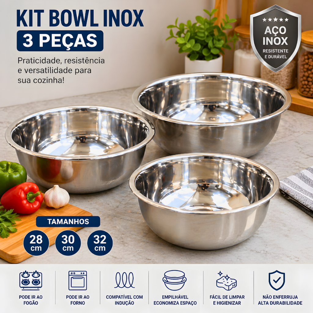 Kit Bowl Inox 3 Peças Tigela Bacia Saladeira Aço Inox Grande