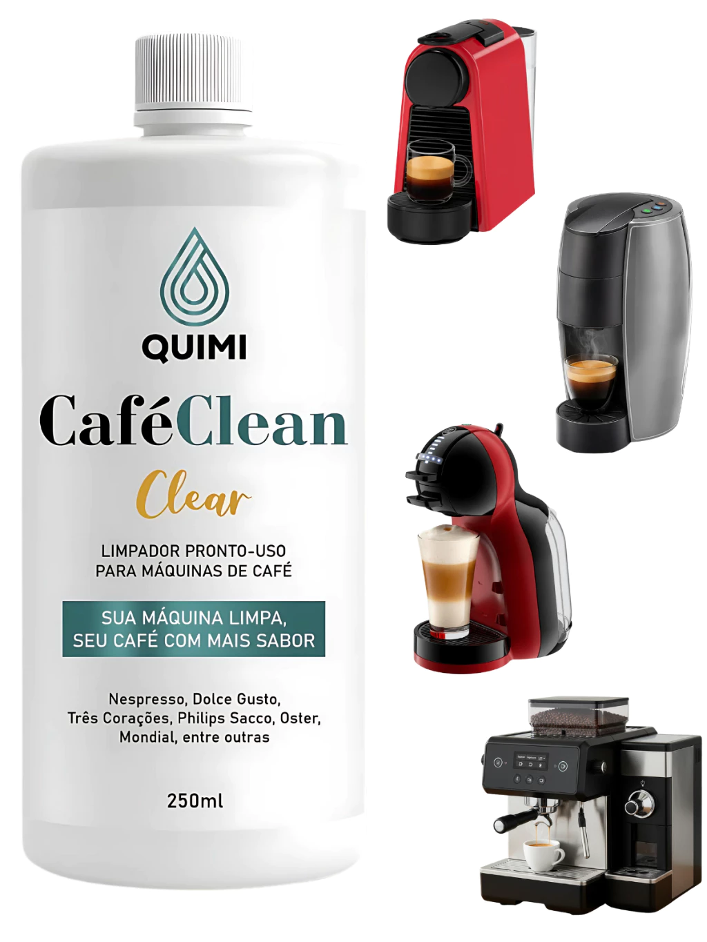 Quimi CaféClean Clear bottle placed beside a Dolce Gusto coffee machine with a cup of coffee being dispensed