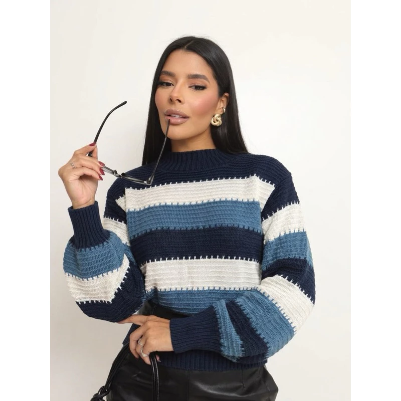 Blusa Tricô Feminina Inverno 2026 Listrada Manga longa Lançamento Premium Suéter