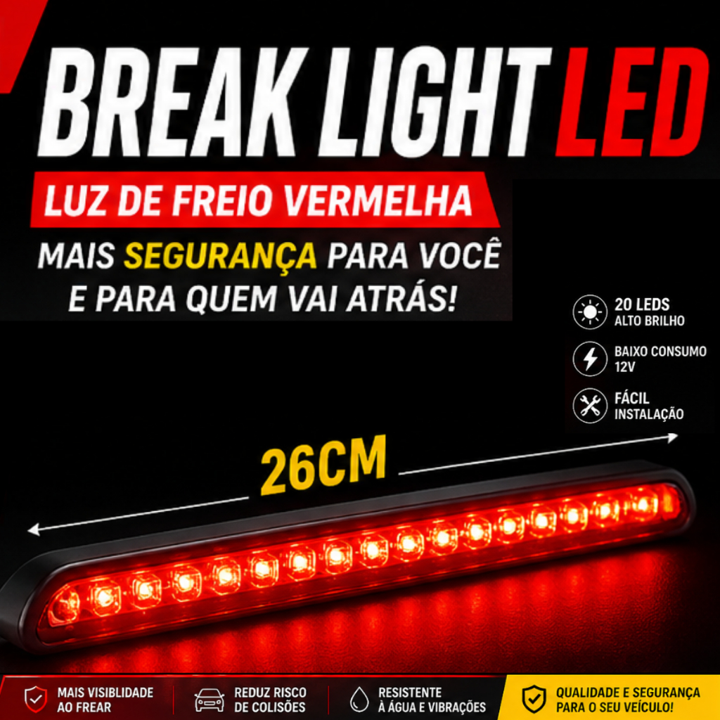Break Light LED 26cm 20 LEDs Luz de Freio Vermelha Universal 12V Carro ...