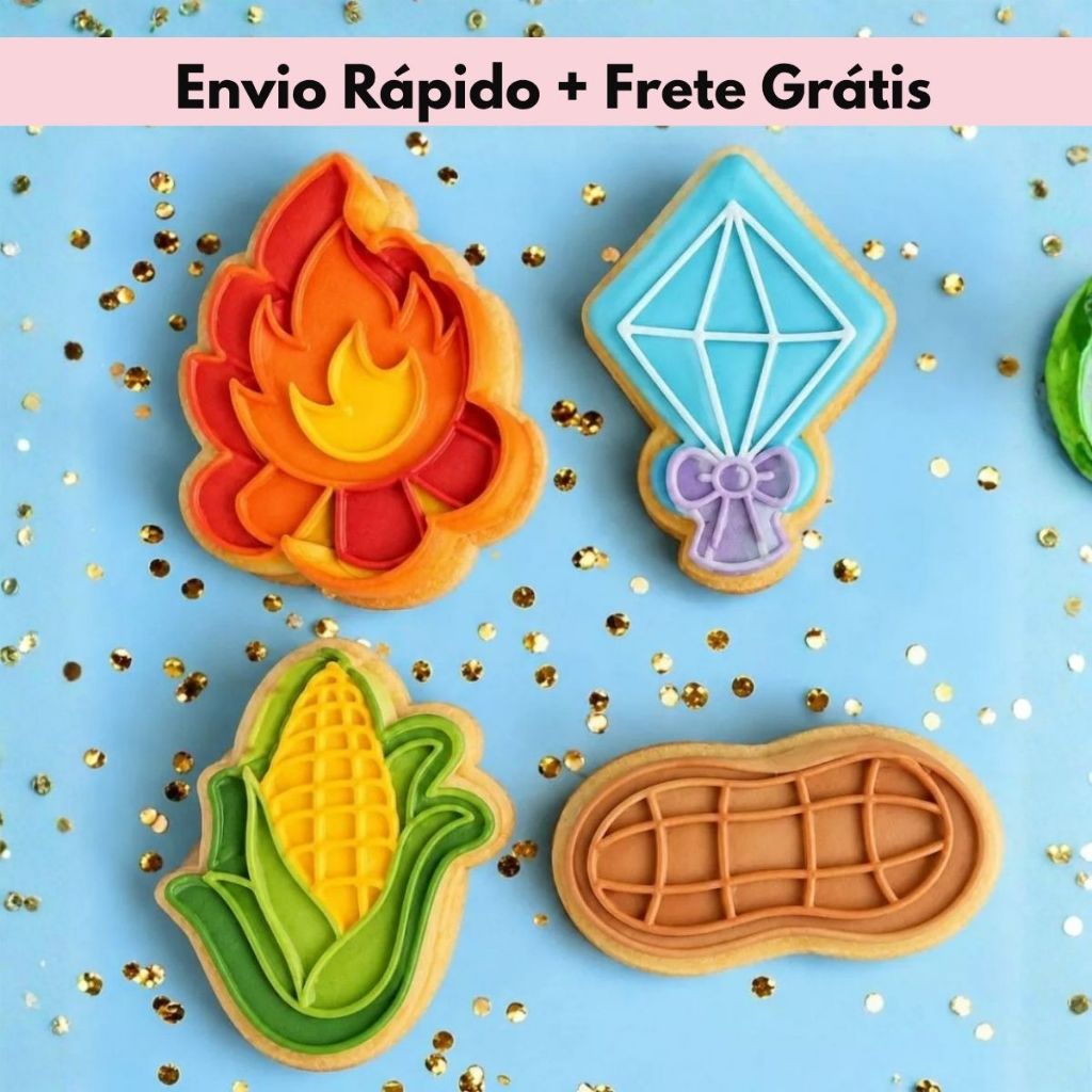 Kit 4 Cortadores e Marcadores Plástico Festa Junina Biscoito