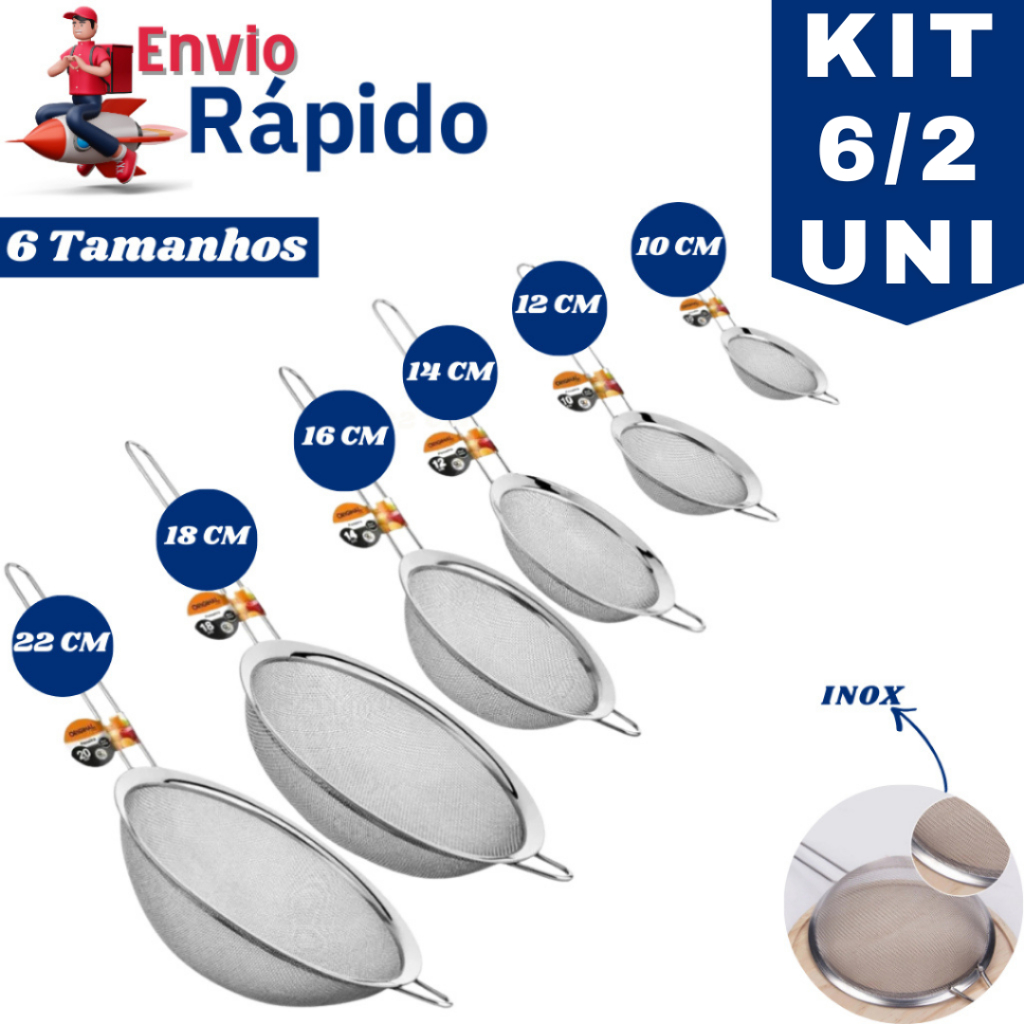 Kit 6/2 Peneira Coador Aço Inox Utensilio de Cozinha para Su
