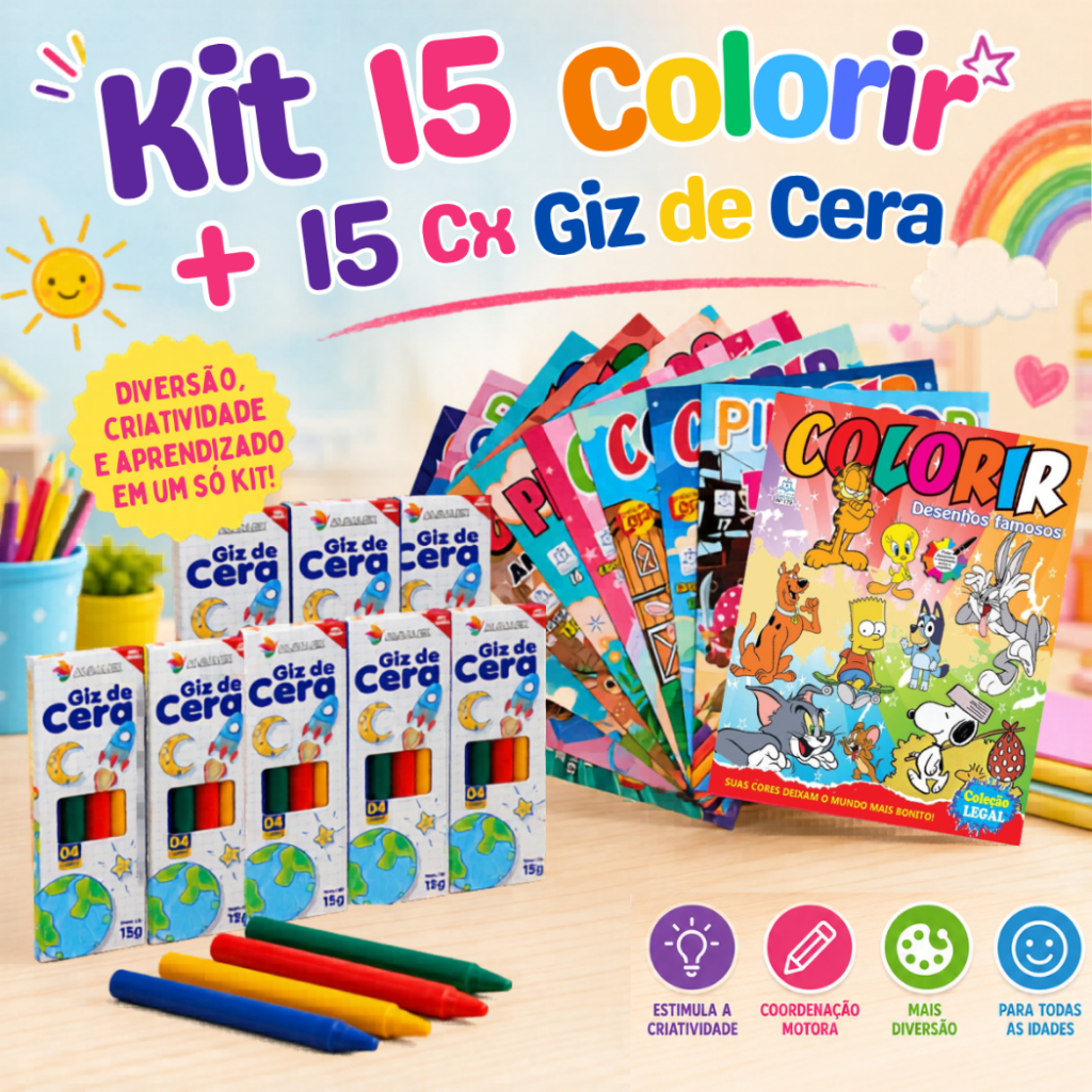 Kit 15 Revistinha Livro de Colorir + 15 Cx Giz de Cera Mini 5