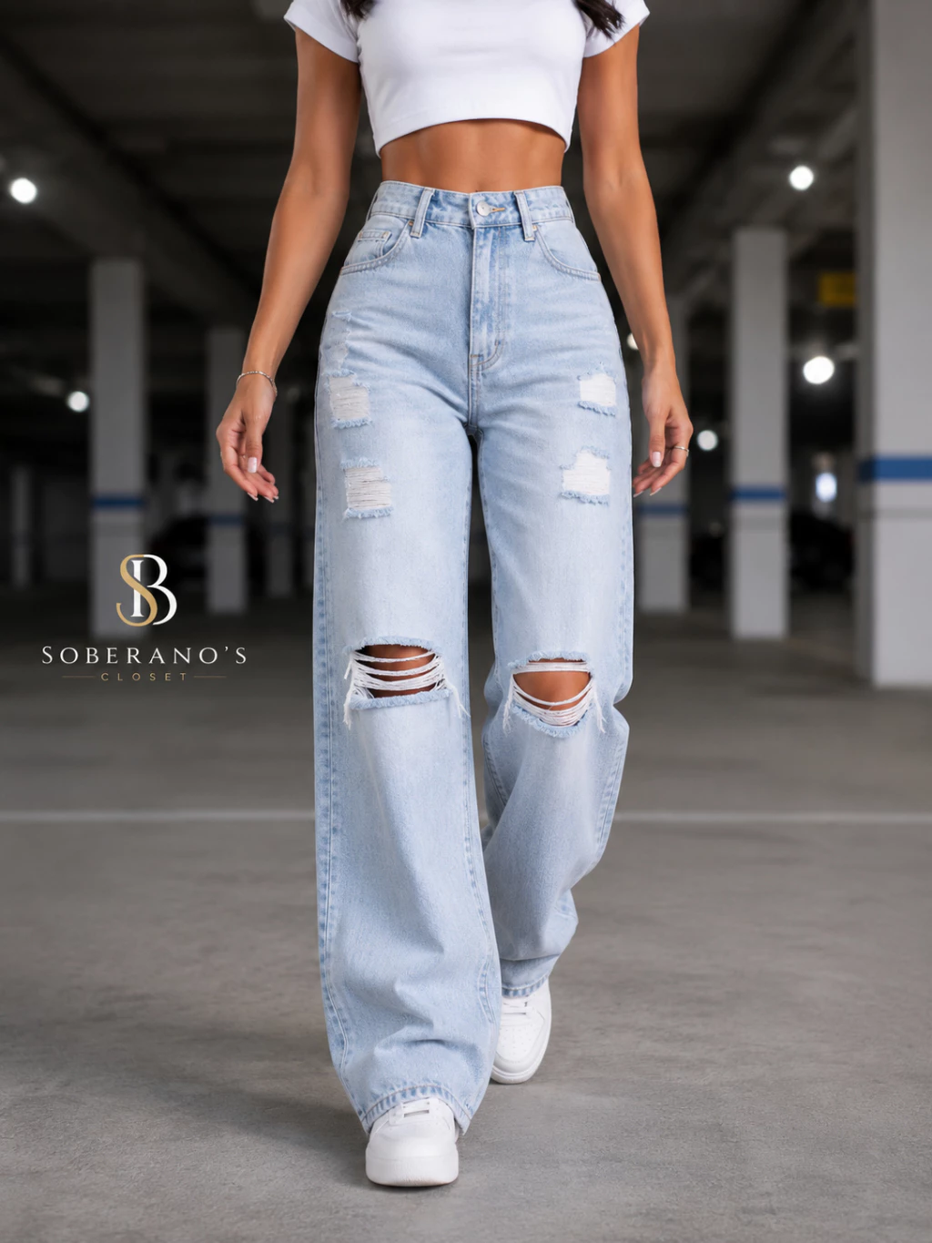 Calça Jeans Feminina Wide Leg Marmorizada Cintura Alta