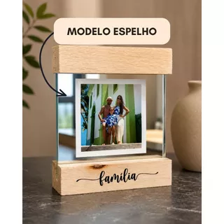 Porta Retrato com Base Madeira e Vidro Duplo Personalizado Mine Presente Dia Dos Pais Ou Romântico Decorativo Namorados