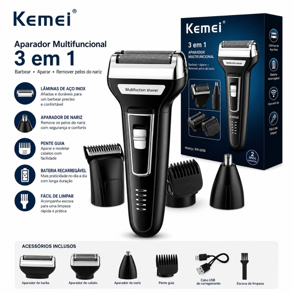 Máquina Cortar Cabelo Kemei Aparador Tirar Pelos Nariz Barba