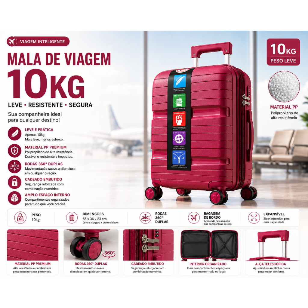 Mala de Bordo 10kg Expansível em Polipropileno com Rodinhas 360° Leve ...