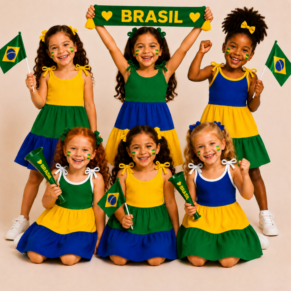 Vestido Infantil menina Brasil Multicolorido Alça De Amarrar Moda Verão estiloso