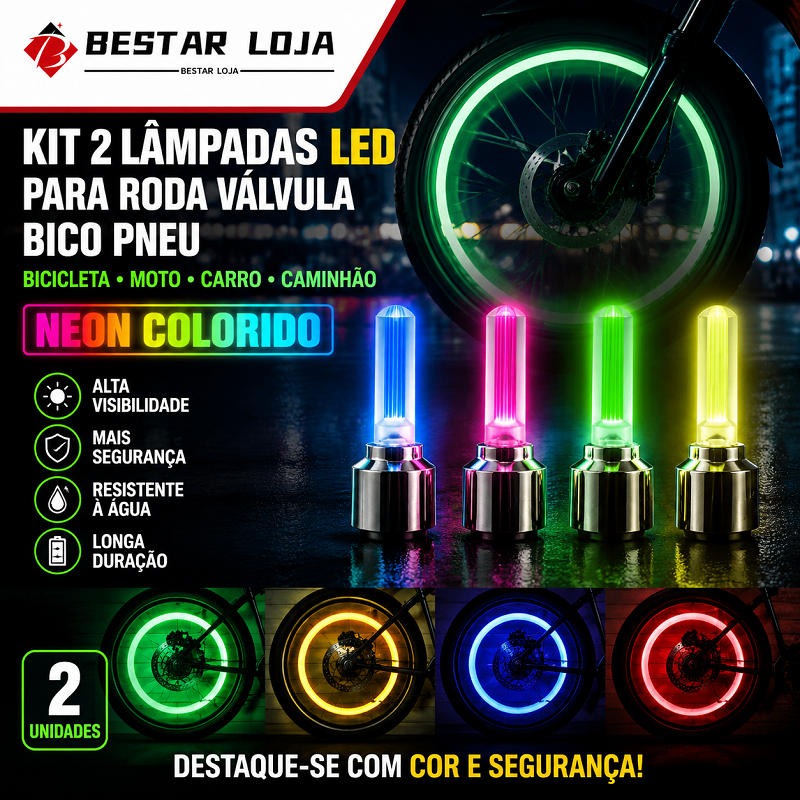 BESTAR LOJA Kit 2 Lâmpadas Led Para Roda Válvula Bico Pneu Bicicleta Moto Carro Caminhão Neon Colorido