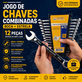 Jogo de Chave Combinada Boca Estrela 12 Peças Profissional Aço Cromado