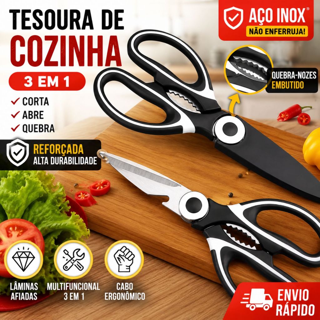 Tesoura de Cozinha 3 em 1 Reforçada com Abridor Multifuncional