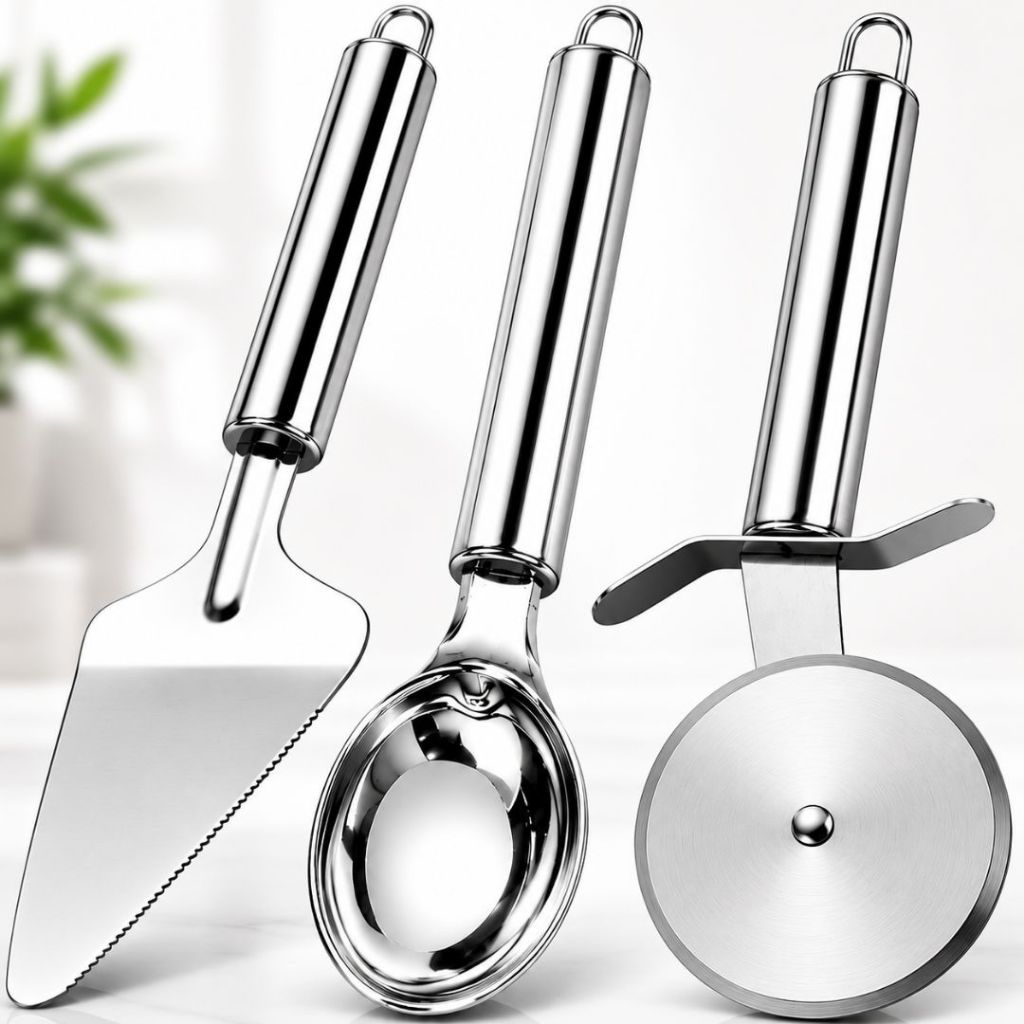 Kit 3 Em Inox Colher De Sorvete/Açaí Carretilha Cortador De Pizza E Espátula De Bolo