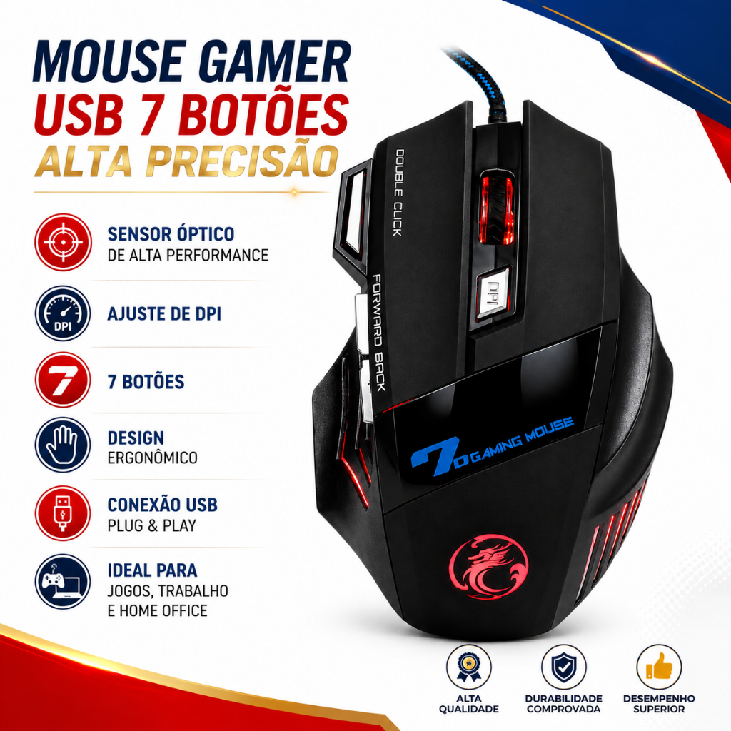 Mouse Gamer USB 7 Botões LED Ergonômico PC Notebook | Shopee Brasil