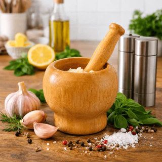 Pilão C/Socador Macerador De Alho Especiarias Bambu Tempero Ervas Finas Casa Cozinha