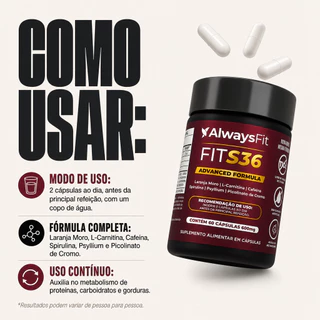 FitS36 AlwaysFit | Psyllium + Spirulina + Picolinato de Cromo + Cafeína + L-Carnitina | 60 Cápsulas