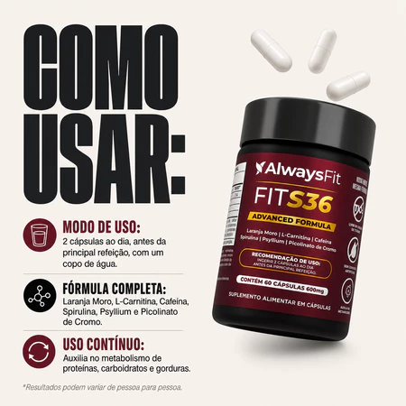 FitS36 AlwaysFit Laranja Moro Psyllium Spirulina Picolinato de Cromo Cafeína L Carnitina 60 Cápsulas