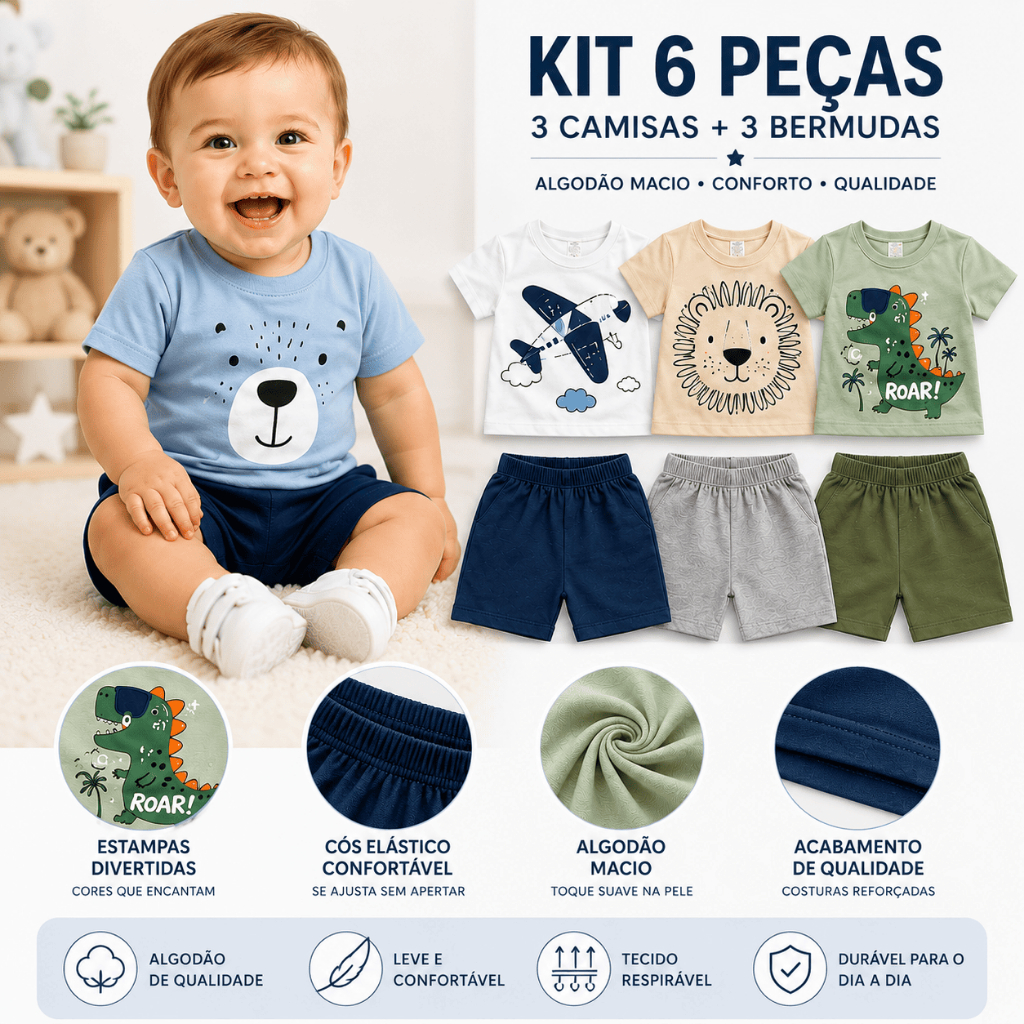 Kit Conjunto Infantil 3 Camisas e 3 Bermudas Algodão (Tam. 1 a 9 meses)