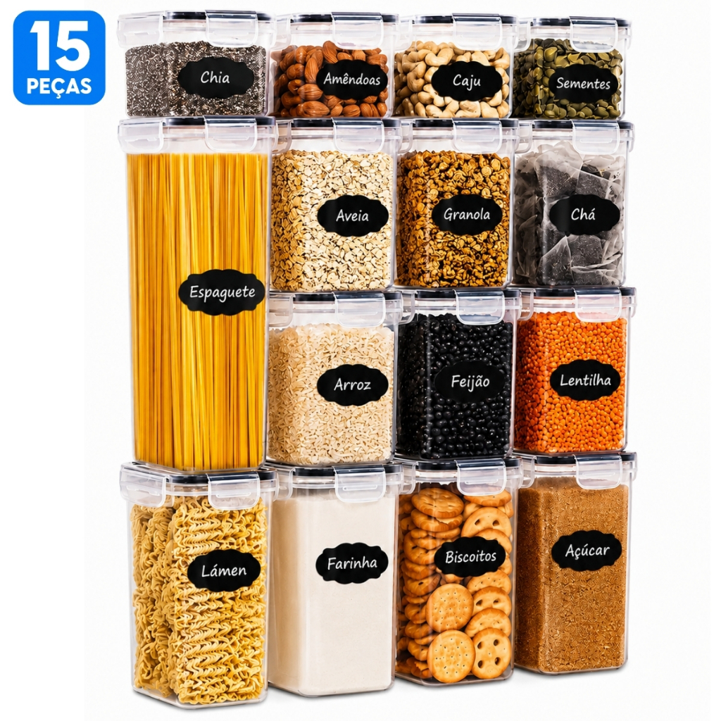 Kit 15 Potes Herméticos Organizadores de Mantimentos Plástico com Etiquetas Cozinha Despensa Empilhável