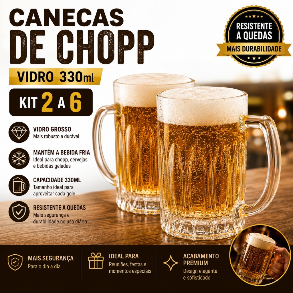 Kit 2 a 6 Canecas de Chopp Vidro 330ml Grosso Resistente Quedas Cerveja Bar Churrasco