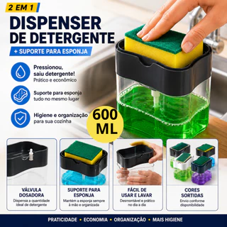 Porta Detergente com Esponja 2 em 1 Dispenser Dosador para Pia Cozinha 600 ml