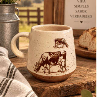 Caneca Cerâmica Bicolor Estilo Fazenda Vaca 300 ml