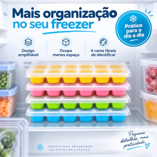 Kit 4 Formas de Gelo com Tampa Colorida para Freezer