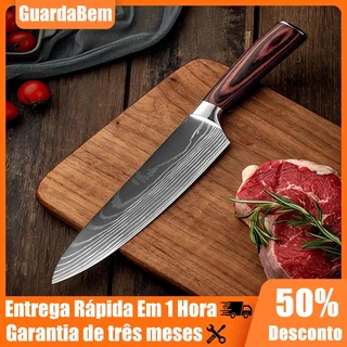 Faca Profissional de Chef, para Churrasco e Sashimi, Aço Damasco Cor Prateada