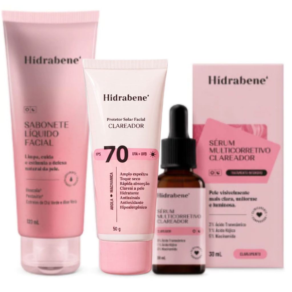 Kit Clareador Facial Sabonete Líquido + Protetor Solar 70FPS + Sérum Multicorretivo