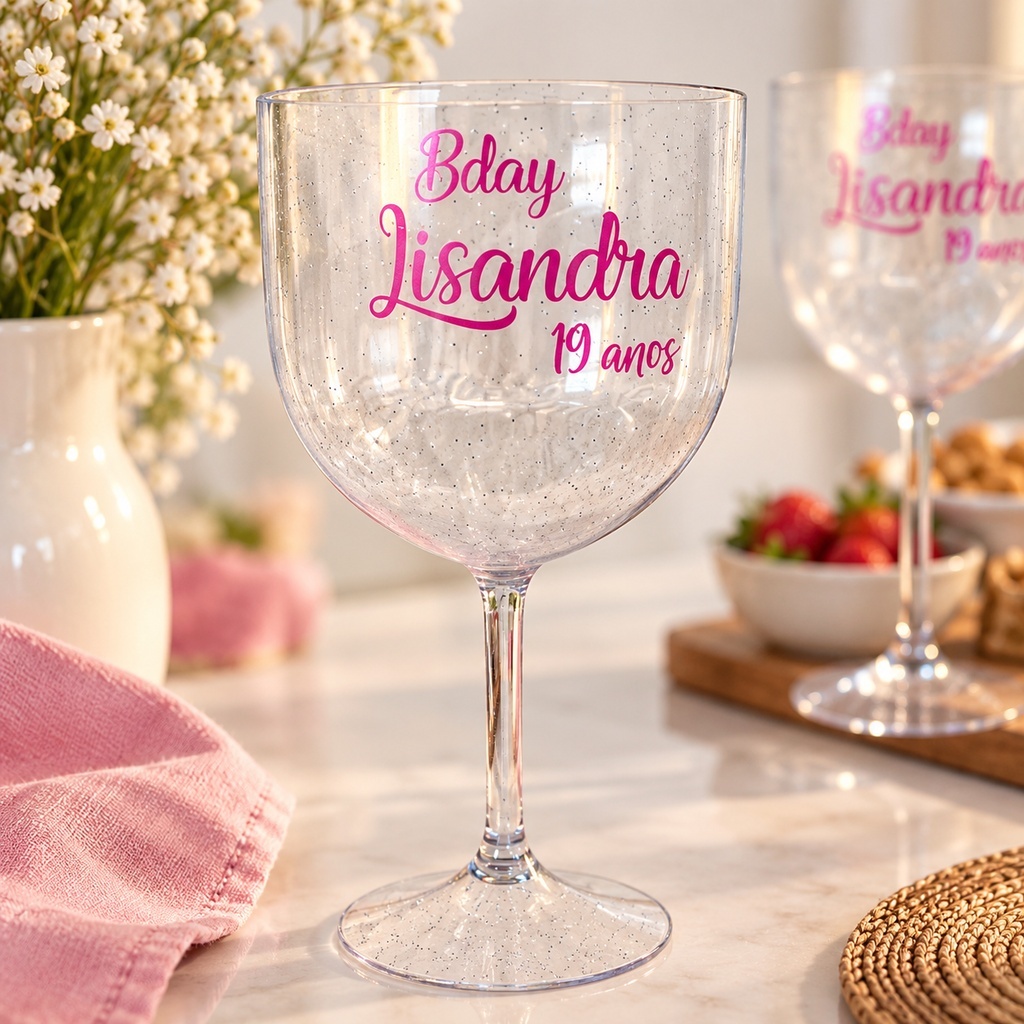 Taças de Gin 450ml acrílico com glitter personalizadas para festa, formatura e eventos