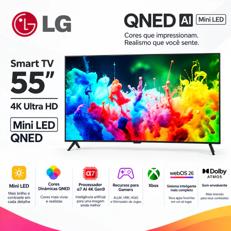Smart TV LG 55 Polegadas 4K QNED Mini LED 55QNED70BSA WebOS 26 Inteligência Artificial