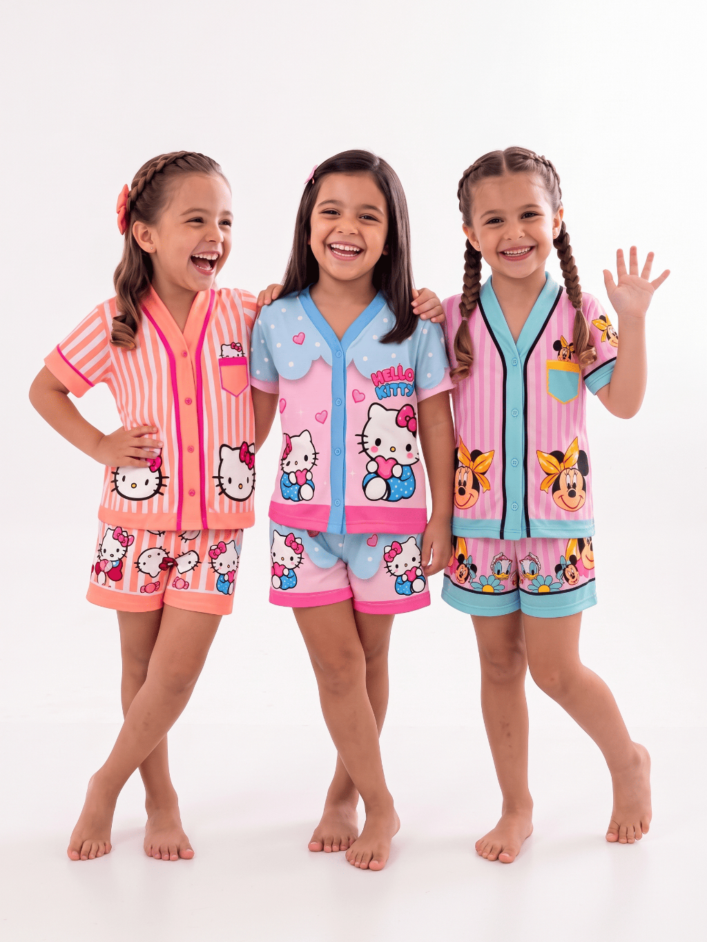 Pijama Infantil Menina Americano 3D Hello Kitty Minnie Snoopy Manga Curta e Short Verão Soft Suede Feminino 1 a 10 Anos