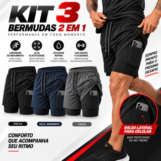 KIT 3 Bermuda Masculina 2 em 1 Treino Academia Dry Fit com Compressão