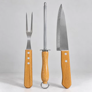Kit Churrasco 3 Peças Profissional - Faca, Garfo Trinchante e Chaira Cabo de Madeira - Aço Inox Utensílios Churrasqueiro