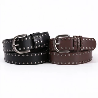 Cinto feminino de PU com tachas metálicas e fivela retrô, acessório de moda, nas cores preto e castanho