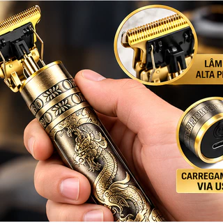 Máquina de Cortar Cabelo Dragão Dourada Barba Acabamento Sem Fio Recarregável USB 4 Pentes