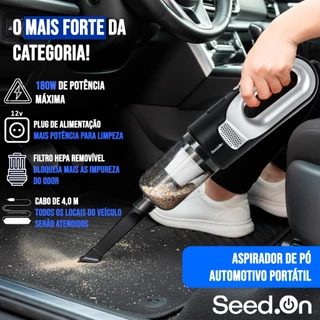 Aspirador de Pó Automotivo Carro Clean.On 180w 12v Escova Bico Tubo Prolongador Cabo De 4 Metros - Seed.On