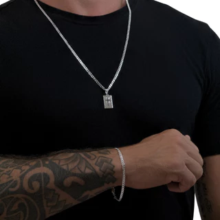Kit Corrente Masculina Grumet 1x1 + Pulseira + Pingente Cruz + Embalagem Presente (Banho Prata 925)