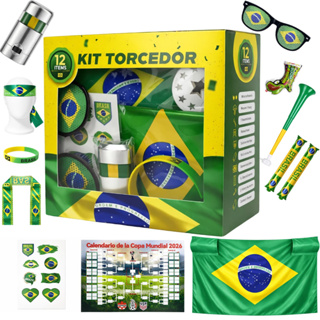 Combo Torcedor Bandeira Copa 2026 Adesivo Trompete Pintura Facial Bandeira Brasil Adesivo Trompete Pintura Facial