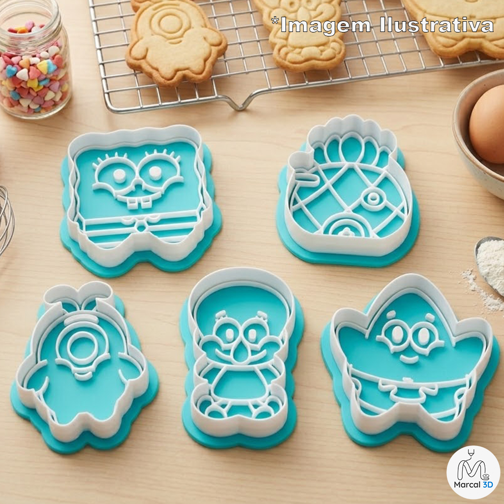 Kit Cortador de Biscoito Bob Esponja Desenho Animado Fofinho Cortador e Carimbo Molde Biscoito Massinha Confeitaria