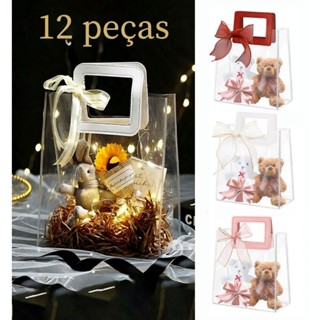 12/24 Sacos de Presente Transparentes em PVC com Alça Reutilizável para Festas Casamentos