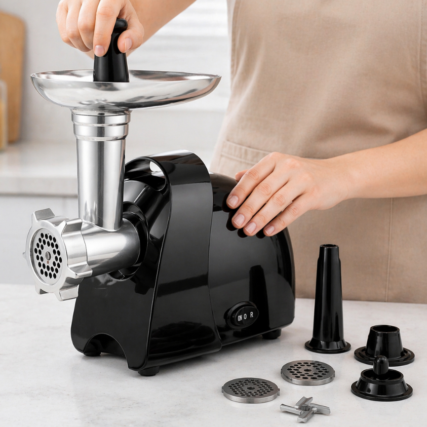 Moedor de Carne Elétrico 1000W Aço Inox Profissional com Kit