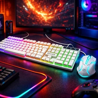 Kit Gamer Teclado + Mouse Branco RGB LED USB ABNT2 profissional– Iluminado, Conforto e Performance