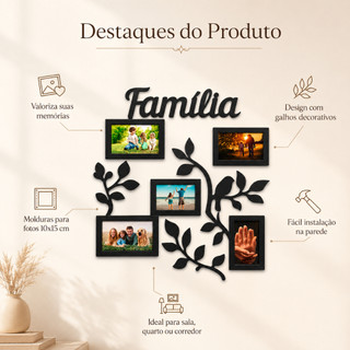Painel Porta Retrato Parede MDF Familia 6 Fotos Decorativo Moldura Preta Galhos Enfeite Sala Quarto Grande Organizador — foto 2 — Achou Levou Brasil